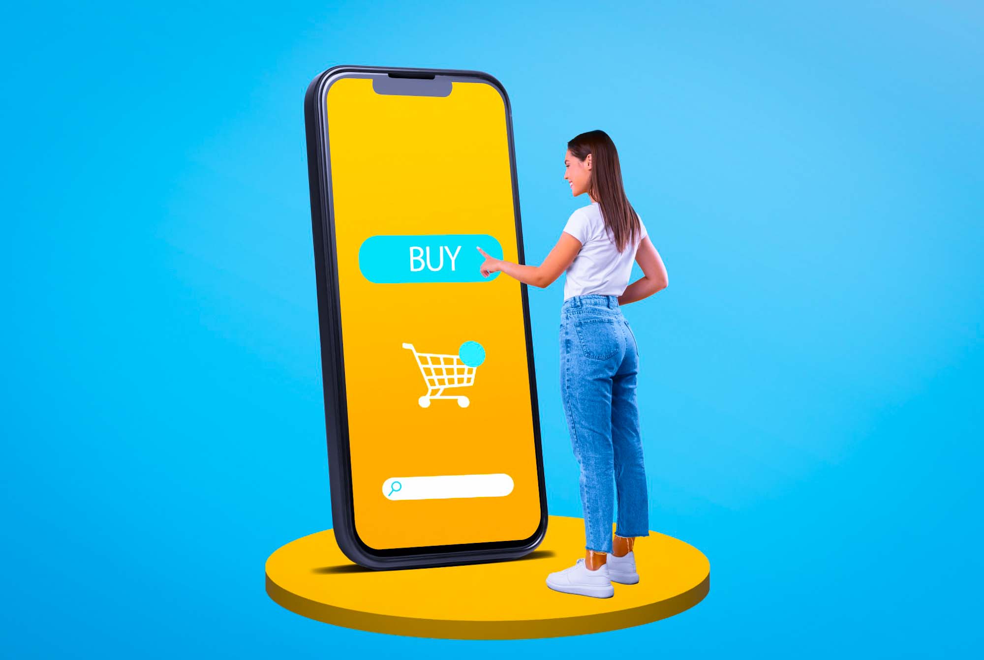 consumer standing in front of an oversize mobile digital screen with a buy prompting they are touching on screen for a best customer experience