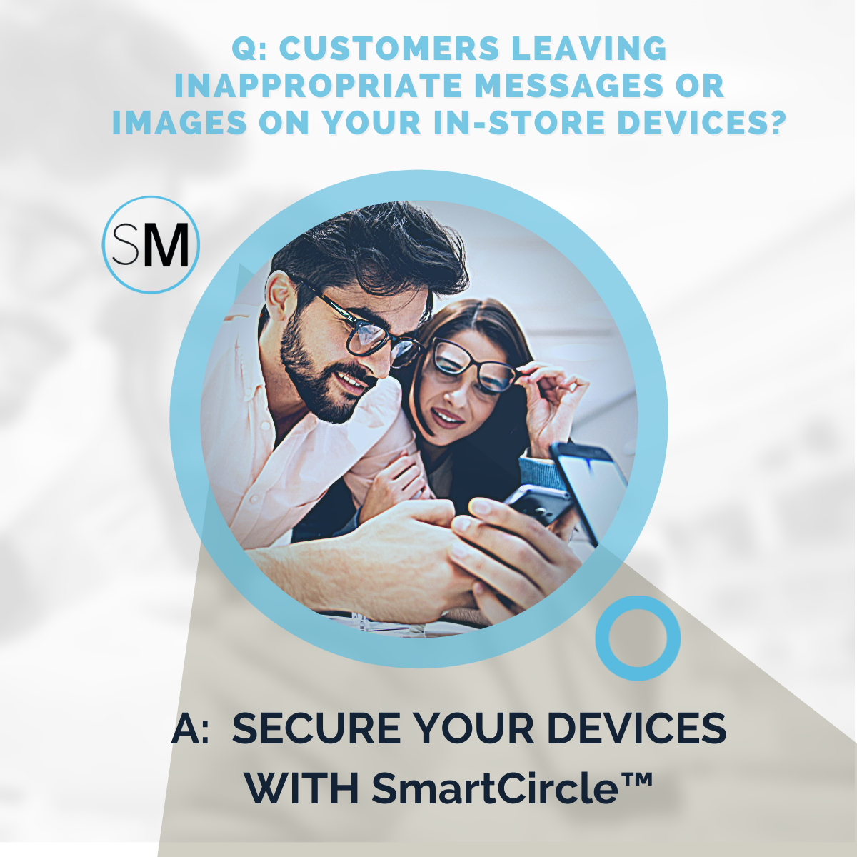 text asking customers leaving inappropriate messages or images on your in-store devices above an image of two customers distraught by what they see on wireless store devices and below an answer secure your devices with SmartCircle